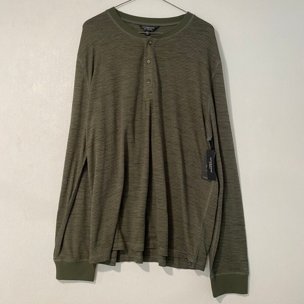 Liverpool Los Angeles Olive Striped Henley Long Sleeve Top XL NWT Casual Rib Kni